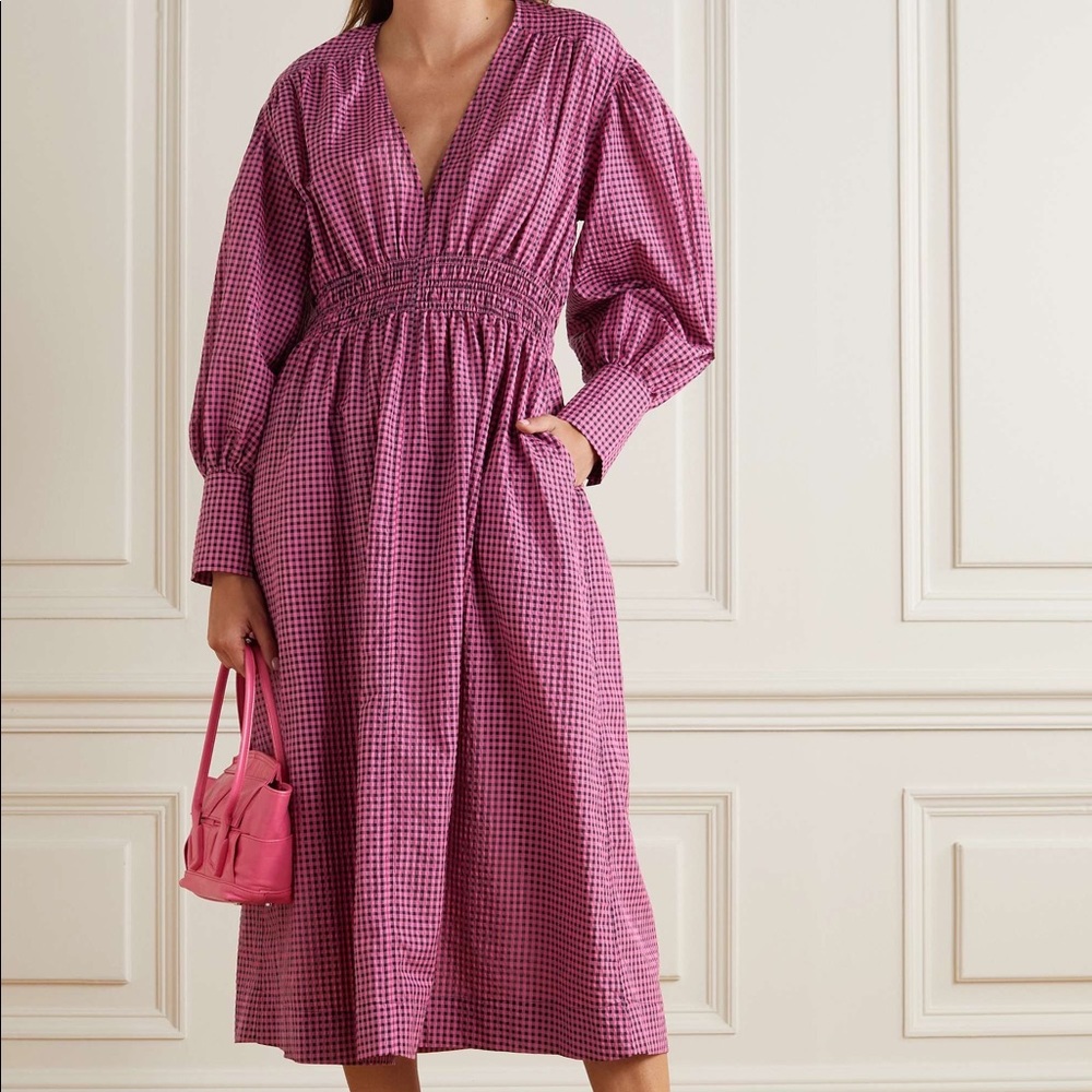 Ganni Seersucker Check Midi Dress